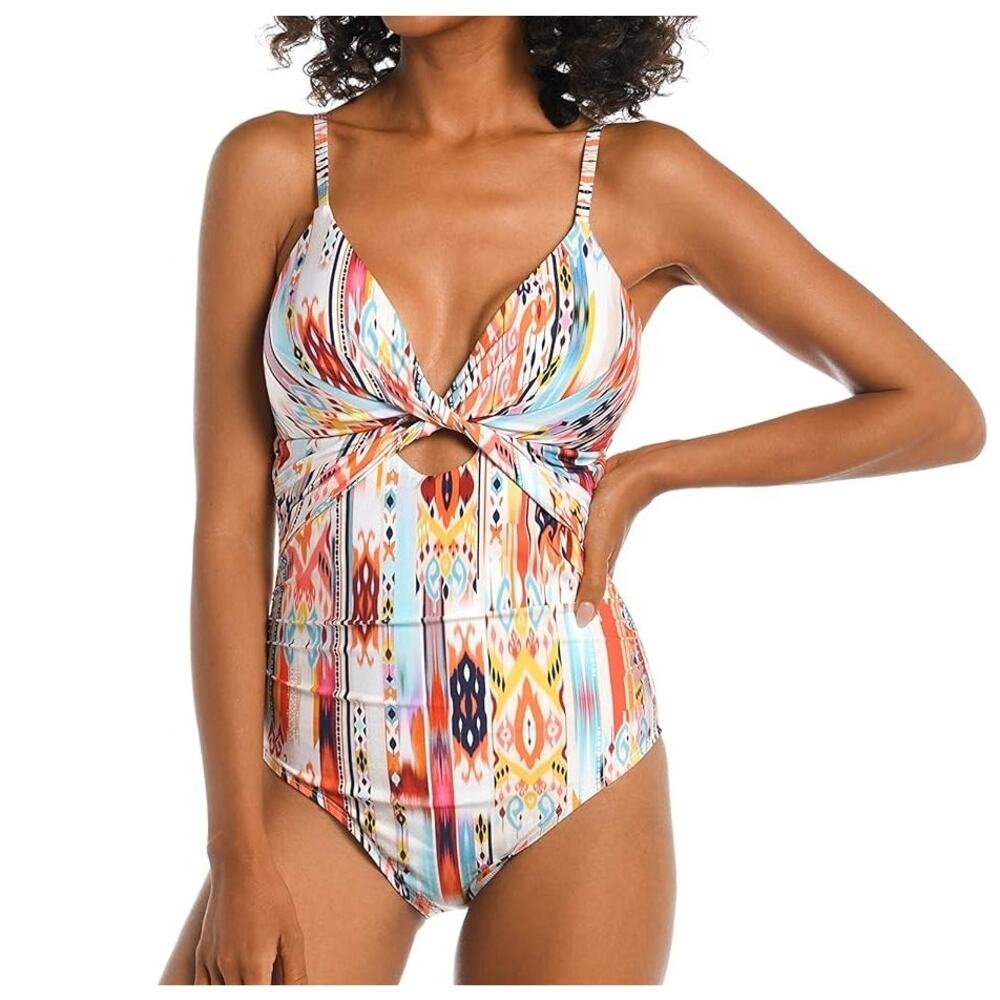 LA Blanca Twist Keyhole One Piece Printed Swimsuit White Medium